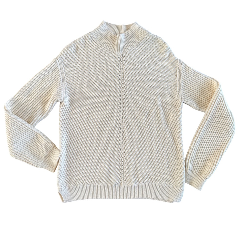 Marine Layer Women Ivory Ribbed Chevron Mock Neck Cotton Sweater 14698 XS